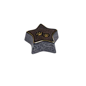 Estrella decorativa con diseño de huellas de patas en la parte superior, con detalles dorados y base de color gris. Ideal para homenajear a mascotas.